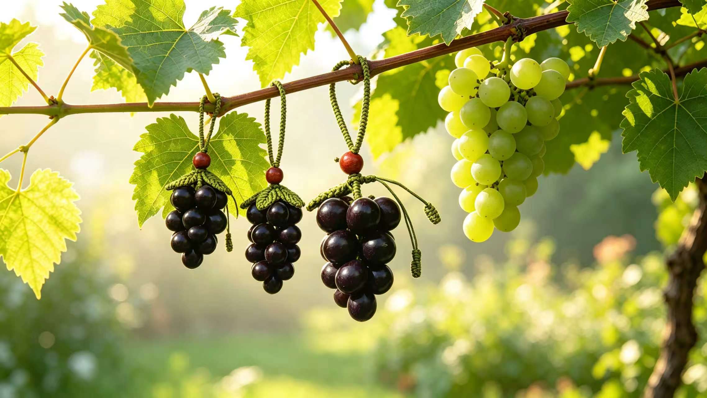 Bodhi seed grape keychains on a real grapevine